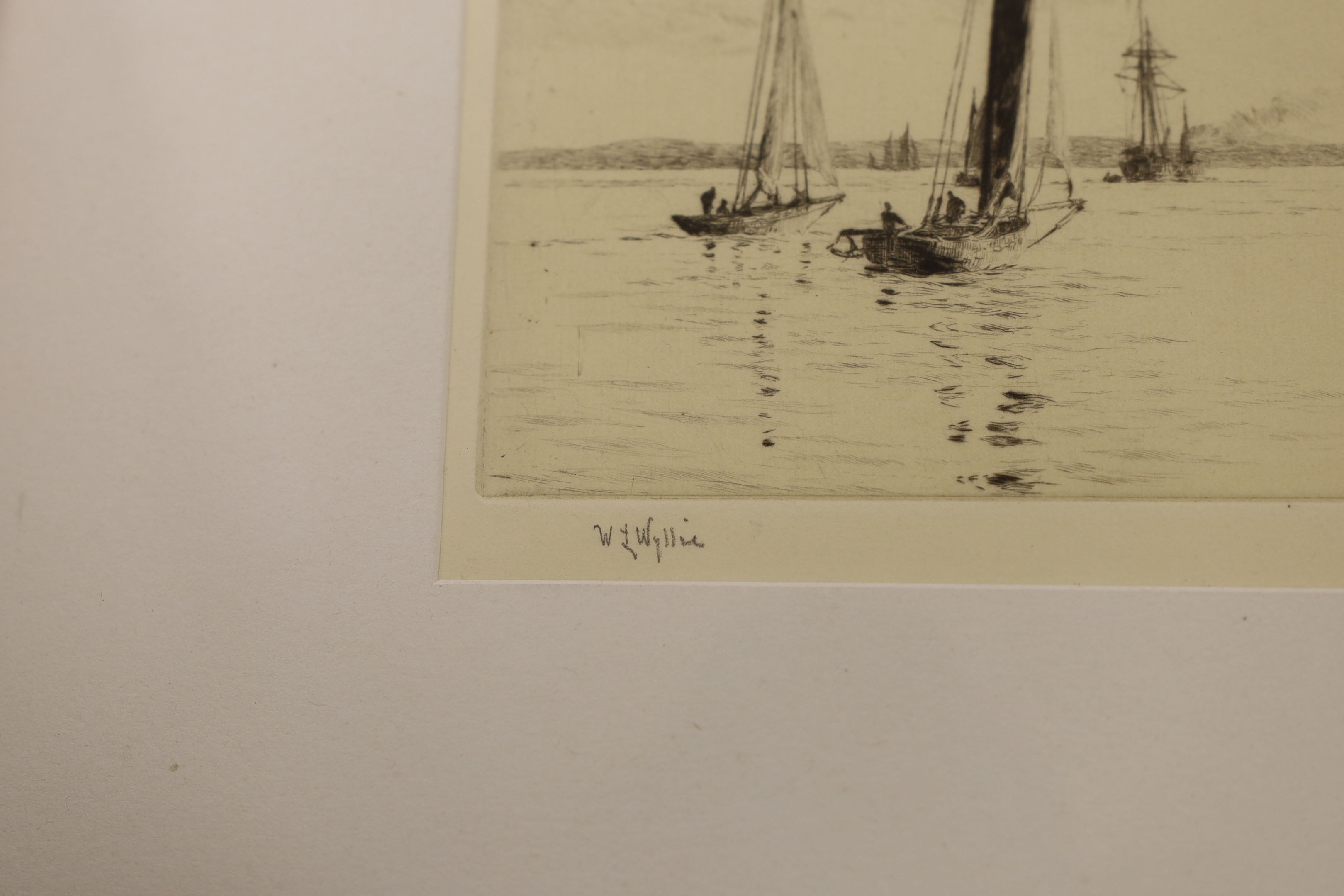 William Lionel Wyllie (1851-1931), etching, Sailing boats off the coast, signed in pencil, 14 x 17.5cm